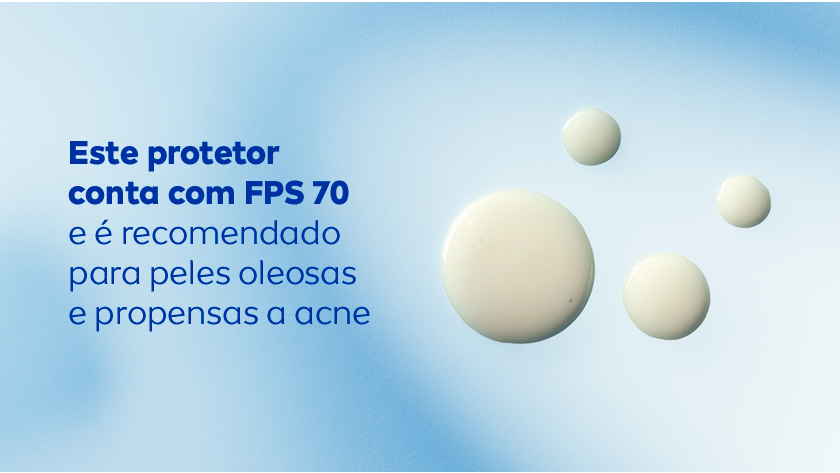 Fundo azul com degradê suave para branco. Ao lado direito, gotas do protetor solar aparecem em destaque.