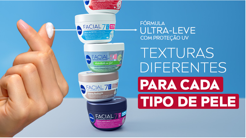 Uma mão faz o símbolo de coração, mostrando a textura do produto no dedo. Ao lado, uma torre com os 5 potinhos é destacada.