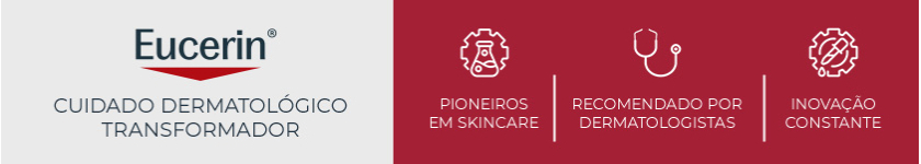Logo da Eucerin sobre fundo vermelho, reforçando o conceito de cuidado dermatológico da marca.
