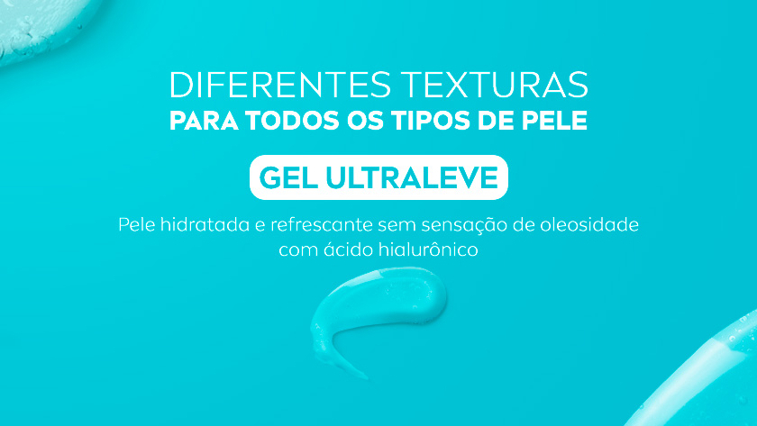 Fundo azul turquesa com textura de gel nas bordas. Texto central em branco destaca o Gel Ulraleve da NIVEA, com ácido hialurônico, indicado para hidratação sem oleosidade.