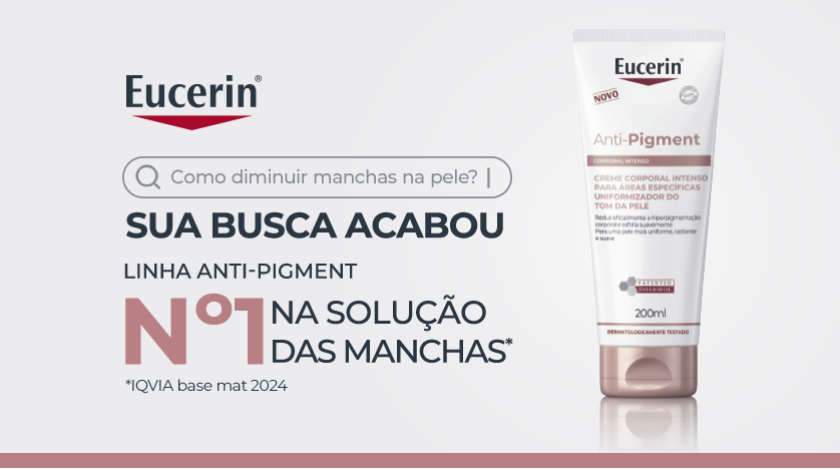 Imagem de um creme corporal Eucerin Anti-Pigment em destaque sobre fundo claro. Ao lado, há uma barra de pesquisa estilizada e elementos gráficos que destacam o produto como solução para manchas na pele.