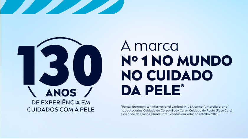 Fundo claro com texto azul escuro destacando 130 anos de experiência da NIVEA e a marca nº 1 no mundo no cuidado da pele.
