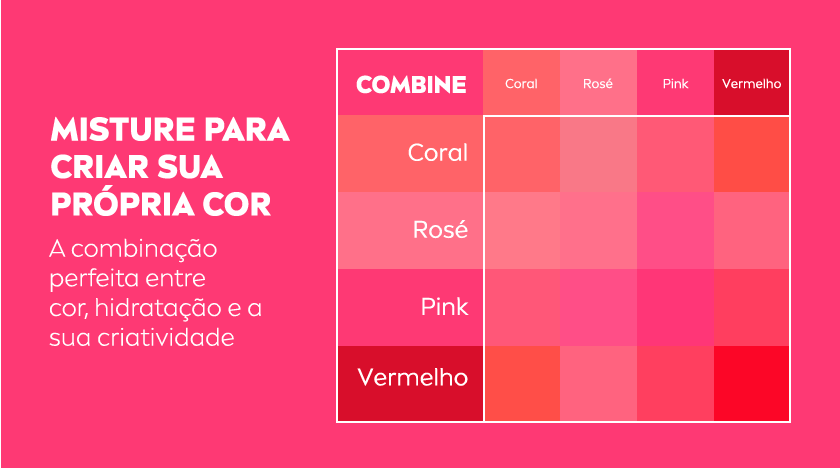Paleta de tons Coral, Rosé, Pink e Vermelho com variações de mistura. Fundo rosa, promovendo criatividade na escolha da cor.