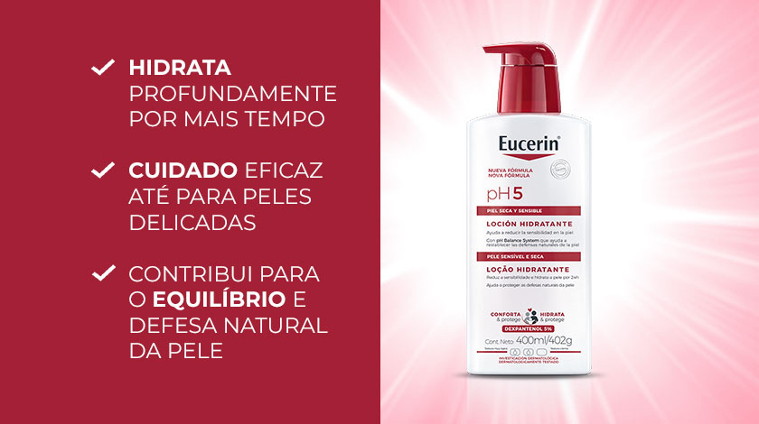 Loção pH5 com fundo luminoso vermelho ao centro, ao lado de três bullets com benefícios.