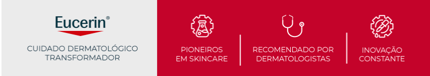 Logo da Eucerin sobre fundo vermelho, reforçando o conceito de cuidado dermatológico da marca.