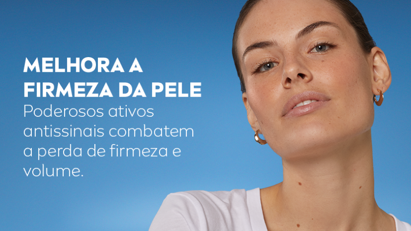 Mulher com pele hidratada olhando para frente, com texto sobre textura leve e rápida absorção do produto.