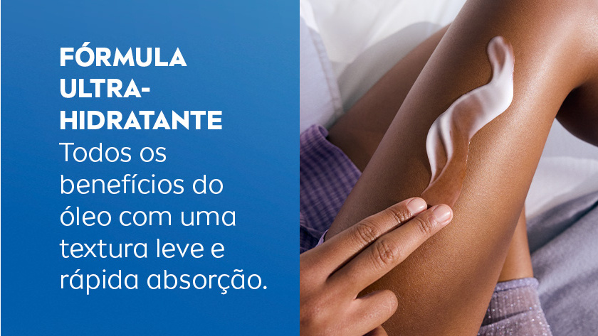 Imagem dividida: à esquerda, o texto é apresentado em um fundo azul. Ao lado direito, uma pessoa aplica o creme na perna.