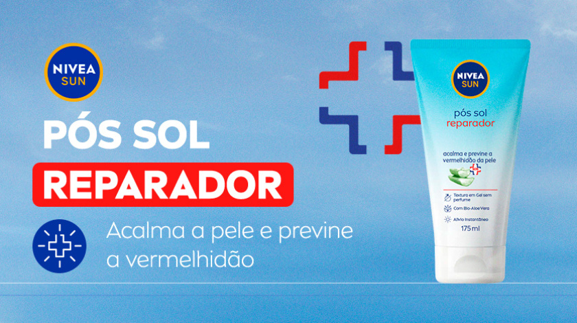 A imagem possui um fundo de céu azul. Ao lado esquerdo superior, o logo de NIVEA SUN aparece em destaque. Ao lado direito, a embalagem do Pós Sol Reparador é apresentada ao lado de um ícone de + em vermelho e azul.