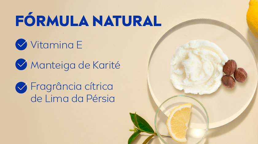 Fundo claro com pratos e ingredientes naturais representando Vitamina E, Manteiga de Karité e Lima da Pérsia