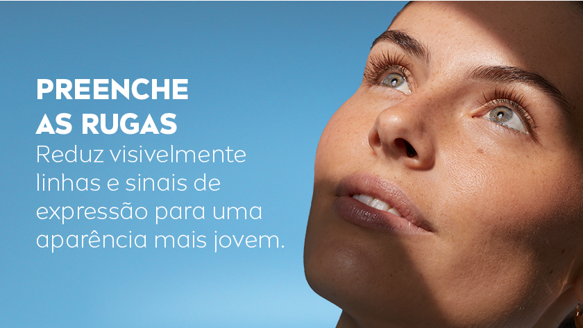 Mulher com pele hidratada olhando para cima, com texto sobre textura leve e rápida absorção do produto.