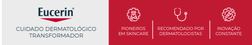 Ao lado esquerdo, logotipo da Eucerin em destaque. Ao lado direito, fundo vermelho com três ícones que representam os pilares da marca.