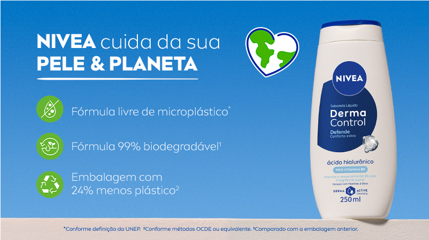 Fundo azul com ícones verdes representando sustentabilidade. À direita, sabonete NIVEA Derma Control Defende com logo NIVEA acima.