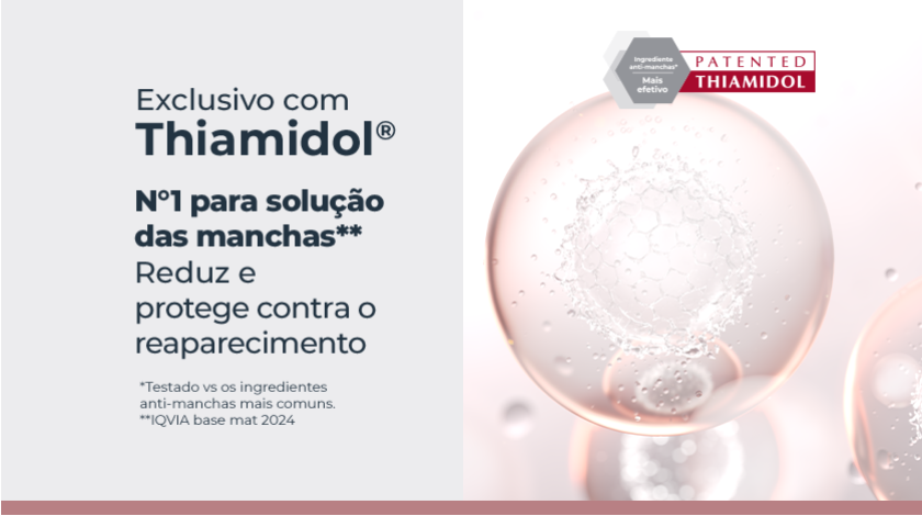 Ilustração científica de esferas translúcidas rosadas representando moléculas. Uma delas está ampliada, com detalhe em relevo que remete à tecnologia exclusiva do ingrediente ativo.
