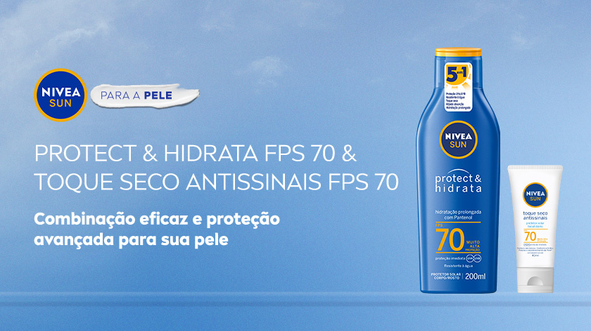 Dois produtos NIVEA Sun — um frasco azul “Protect & Hidrata FPS 70” e um tubo branco “Toque Seco Antissinais FPS 70” — sobre fundo azul com céu.