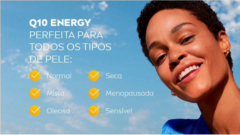 Mulher sorridente com um fundo de céu. Ícones amarelos destacam os tipos de pele compatíveis com os produtos.