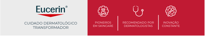 Logo da Eucerin sobre fundo vermelho, reforçando o conceito de cuidado dermatológico da marca.
