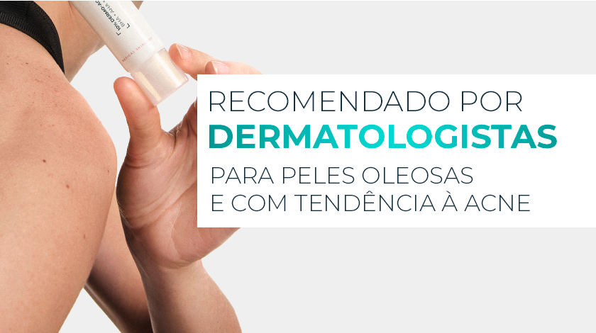 Banner publicitário com fundo claro em tom neutro. À esquerda, aparece parcialmente a embalagem do produto, apoiada sobre o ombro de uma pessoa.