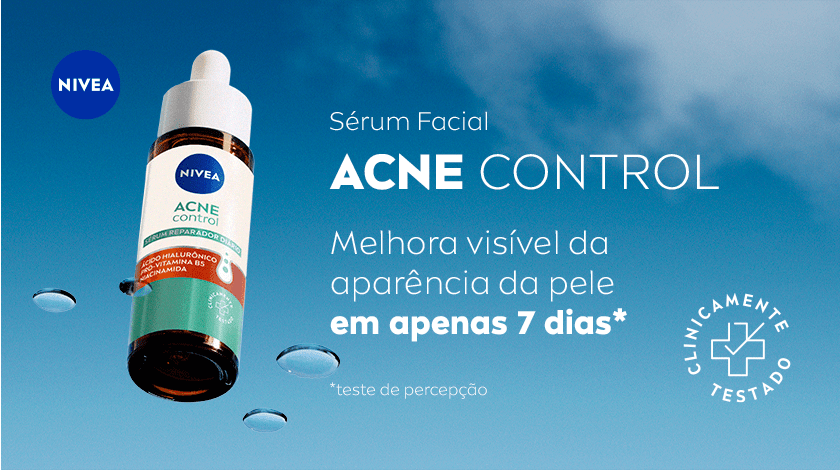 Imagem do produto NIVEA Acne Control com fundo azul claro, selo de clinicamente testado ao lado.