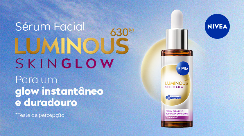 NIVEA Luminous630 SkinGlow Para um glow instantâneo e duradouro Imagem do Sérum Facial NIVEA Luminous630 SkinGlow com fundo azul claro e brilho dourado. Frasco com conta-gotas em destaque ao lado direito.