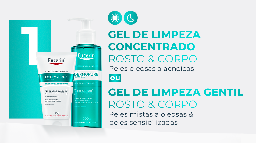 Banner publicitário com fundo claro e elementos em verde. À esquerda, há um grande número em destaque sobre um bloco vertical em tom verde-água. Em frente a ele, aparecem duas embalagens de produtos: uma bisnaga branca com detalhes em verde e um frasco transparente esverdeado com válvula pump branca. À direita, o layout apresenta ícones circulares de sol e lua no topo.
