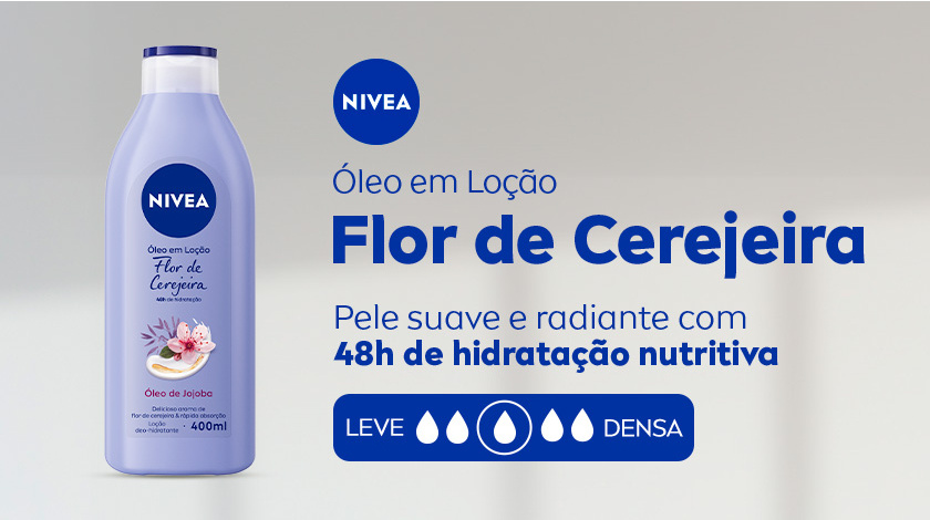 Imagem do NIVEA Óleo em Loção Flor de Cerejeira em destaque, com fundo claro. Na parte inferior, um box apresenta a textura do produto como média.