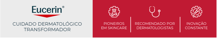 Ao lado esquerdo, logotipo da Eucerin em destaque. Ao lado direito, fundo vermelho com três ícones que representam os pilares da marca.