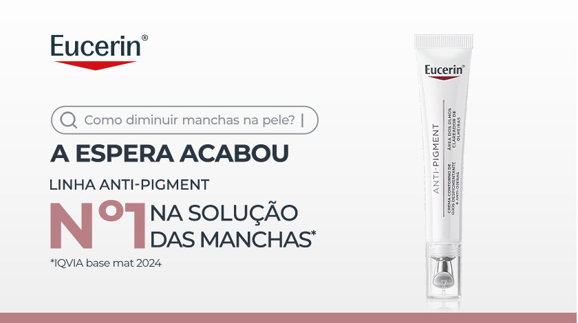 Imagem de produto Eucerin Anti-Pigment Creme Para Áreas dos Olhos. À esquerda, há um layout gráfico com ícone de barra de pesquisa e elementos tipográficos em destaque.