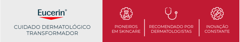 Logo da Eucerin sobre fundo vermelho, reforçando o conceito de cuidado dermatológico da marca.