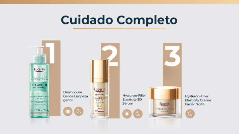 Três produtos Eucerin alinhados: gel de limpeza em embalagem pump transparente com líquido verde, sérum dourado em frasco elegante e pote de creme branco com tampa dourada.