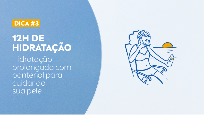 Ilustração em azul de uma pessoa curtindo a praia.