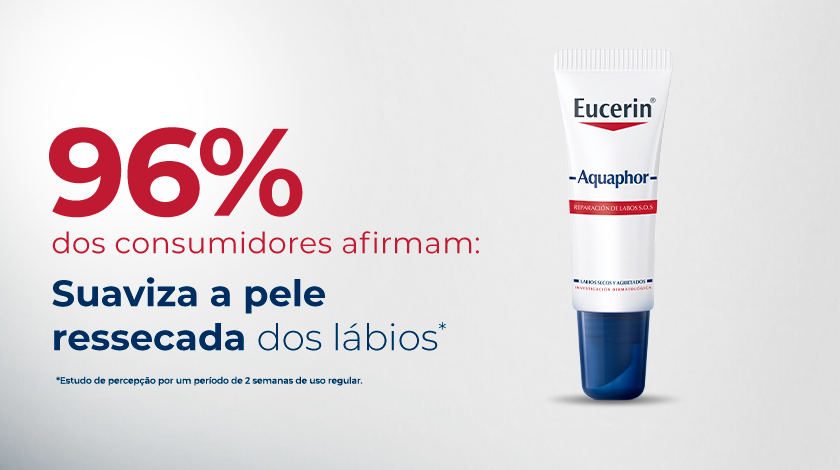 Fundo neutro. Ao lado esquerdo, uma porcentagem vermelha destaca o texto. Ao lado direito, a embalagem de Aquaphor aparece.