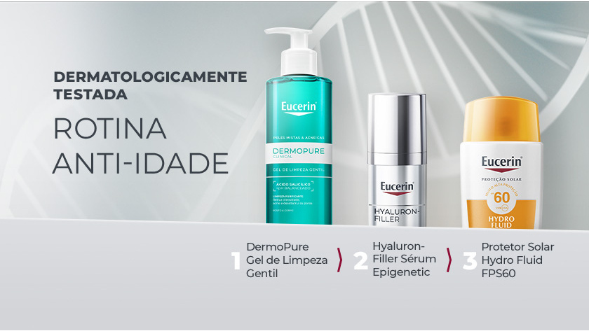 Imagem com fundo neutro. Ao lado direito, são destacados 3 produtos para uma rotina completa: limpeza, tratamento e proteção