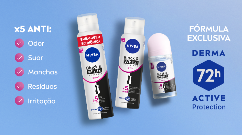 Imagem da linha de desodorantes NIVEA Black & White posicionada em frente a um fundo azul, os três desodorantes estão lado a lado. No canto esquerdo, ícones rosas destacam características dos produtos. Ao lado direito, o selo azul de Derma Active Protection 72h está em destaque.