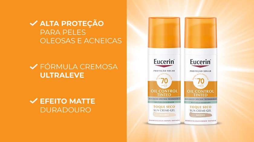 O frasco de Eucerin Sun Oil Control Tinted Claro FPS 70 está sobre um fundo laranja vibrante, com ícones representando seus benefícios.