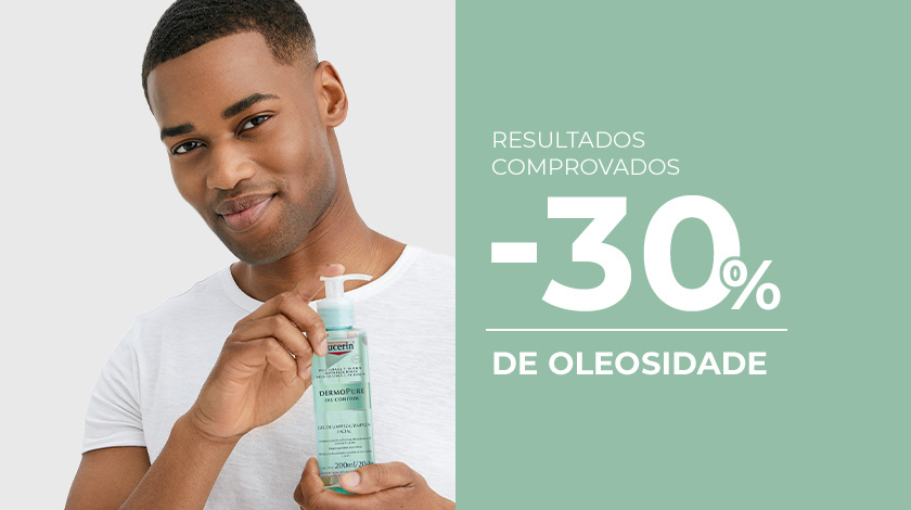 Homem de camiseta branca sorrindo e segurando o produto. Ao lado, destaque para texto em um fundo verde.