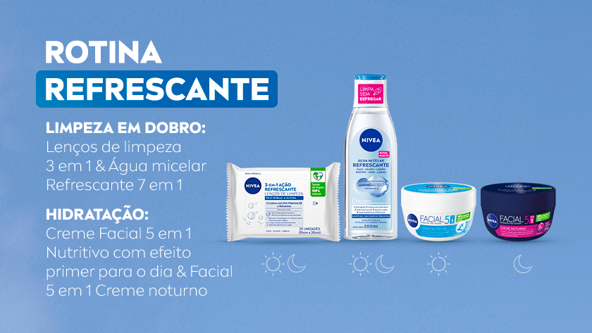 Imagem com fundo azul. Ao lado direito, são apresentados quatro produtos NIVEA para uma rotina refrescante. Logo em seguida, são destacados ícones de sol e lua, representando o momento do dia em que cada produto deve ser utilizado.