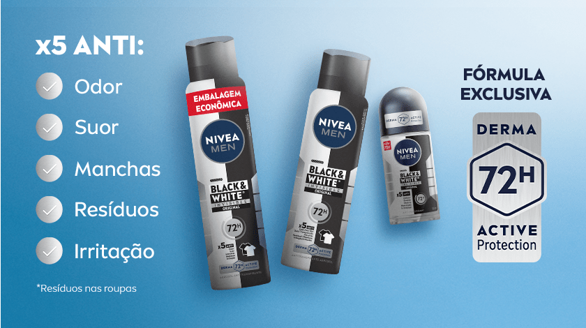 Imagem com fundo azul claro em degradê para o branco. Ao centro, três produtos da linha Nivea Men Black & White: dois desodorantes aerosol, um deles com faixa vermelha de Embalagem Econômica e um desodorante roll-on. À direita um selo prateado com a inscrição DERMA 72H ACTIVE Protection.