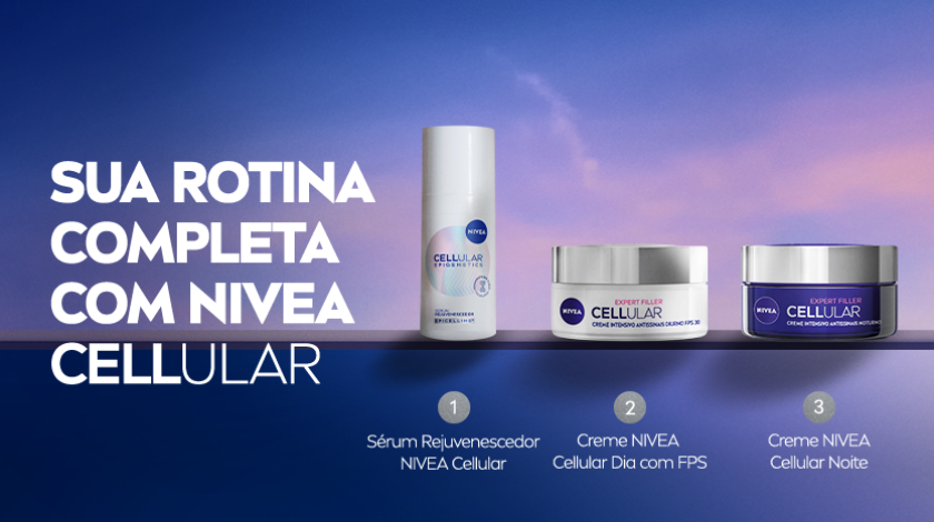 Três produtos da linha NIVEA Cellular alinhados na base da imagem: Sérum Rejuvenescedor, Creme Dia com FPS e Creme Noite. Fundo azul em degradê com o roxo.