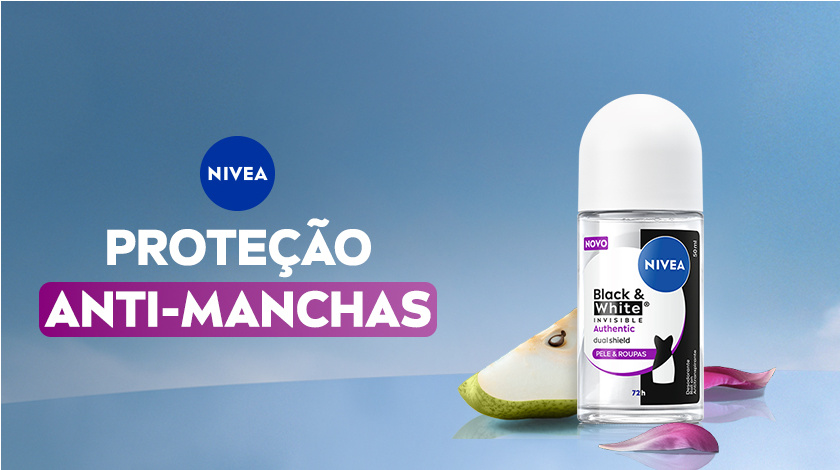 Imagem com fundo azul. Em destaque aparece a embalagem de Black & White Authentic, ao lado de ingredientes.
