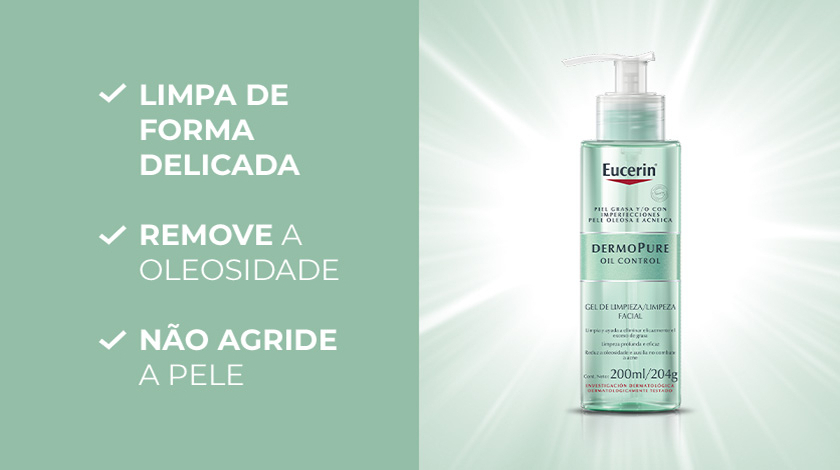 Fundo verde dividido ao meio. À esquerda, ícones de checklist com as características do produto. À direita, Eucerin Dermopure em destaque com fundo de luz radial.