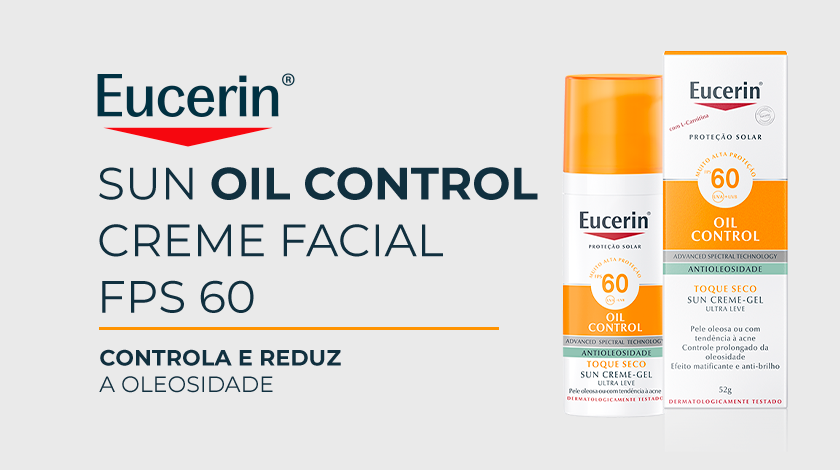 A embalagem do produto Eucerin Sun Oil Control Creme Facial FPS 60 aparece sobre um fundo branco.