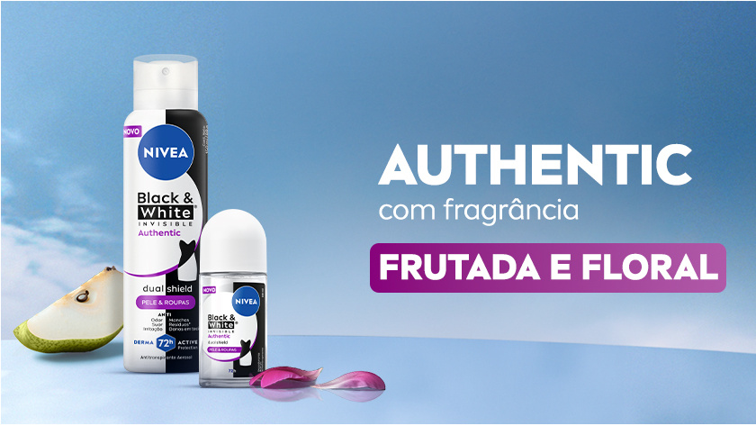 AUTHENTIC com fragrância FRUTADA E FLORAL Imagem com fundo de céu azul. Ao lado esquerdo, a linha AUTHENTIC aparece em destaque, ao lado de ingredientes.