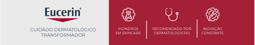 Logo da Eucerin sobre fundo vermelho, reforçando o conceito de cuidado dermatológico da marca.