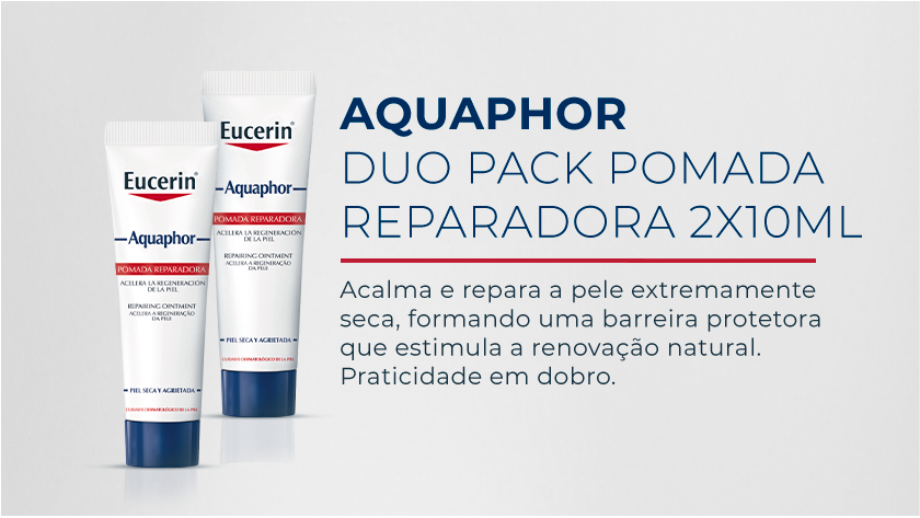 Imagem com fundo neutro. Ao lado esquerdo são destacadas as embalagens de Aquaphor Duopack.