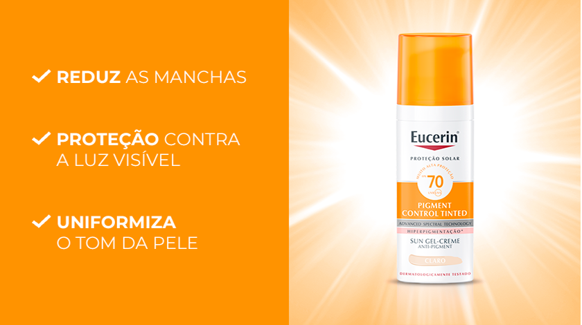 O frasco de Eucerin Sun Pigment Control Tinted Claro FPS 70 está sobre um fundo laranja vibrante, com ícones representando seus benefícios.