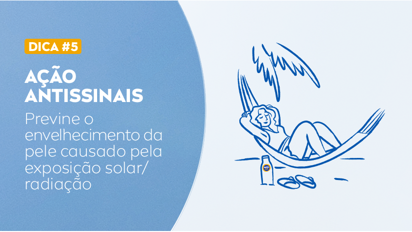 Ilustração em azul de uma pessoa curtindo a praia.