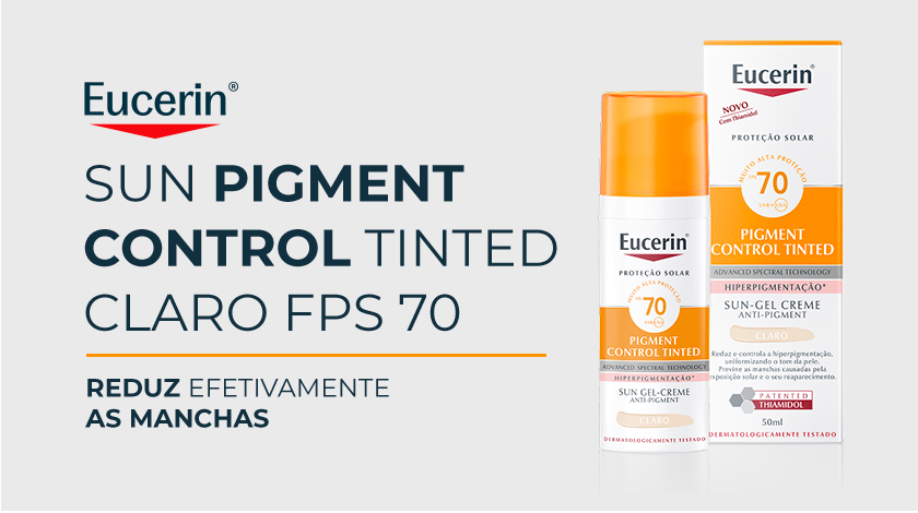 A embalagem do produto Eucerin Sun Pigment Control Tinted Claro FPS 70 aparece sobre um fundo branco.