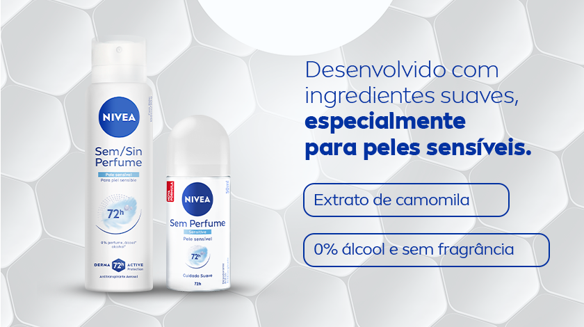 Fundo branco com dois produtos NIVEA Sem Perfume em destaque: spray e roll-on. Texto azul destacando ingredientes suaves, extrato de camomila e 0% álcool e fragrância.
