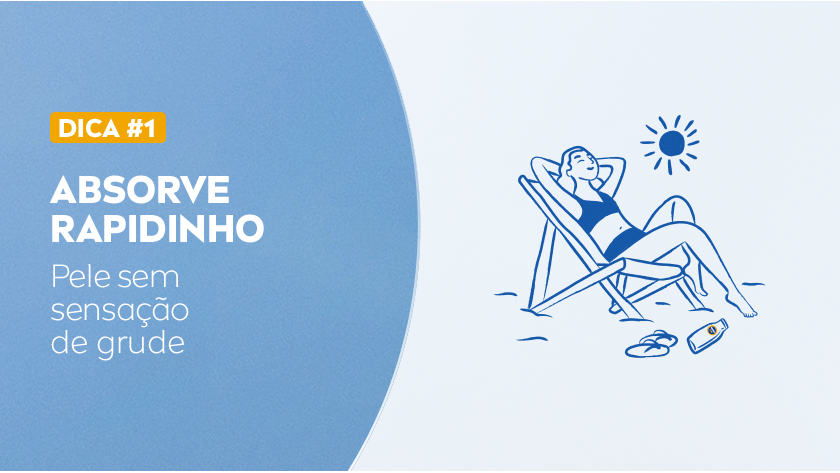 Ilustração em azul de uma pessoa relaxando sob um guarda-sol na praia.