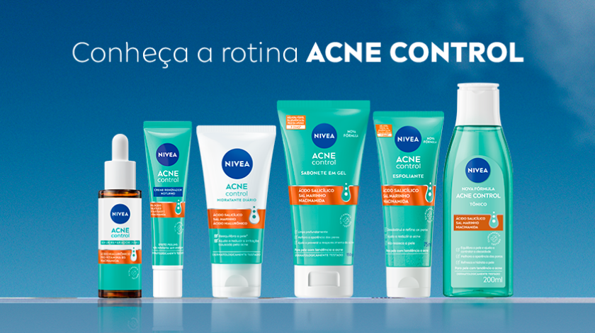 Fundo de céu azul. Lado a lado, aparecem os produtos da linha Acne Control, sendo 6.